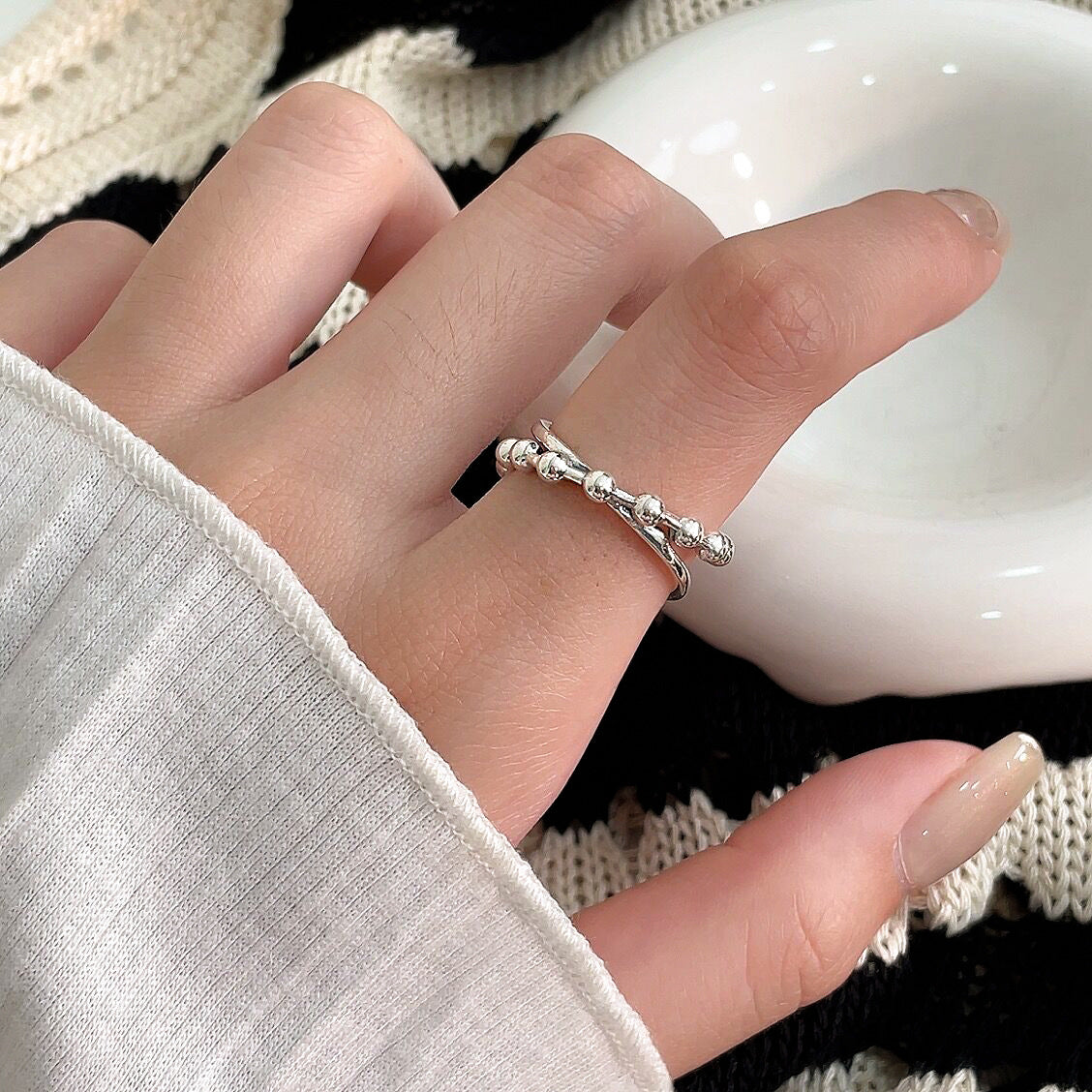 S925 Sterling Silver Pearl Ring Female Niche Design Fashion Simple Index Finger Ring Personality Light Luxury Jewelry