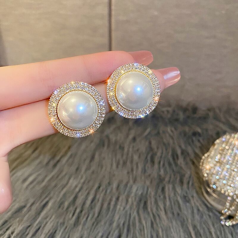 S925 Silver Needle Earrings Retro Temperament Ladies Flash Diamond Pearl Earrings Full Diamond Hoop Ear Jewelry