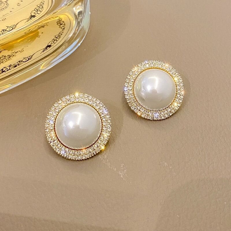 S925 Silver Needle Earrings Retro Temperament Ladies Flash Diamond Pearl Earrings Full Diamond Hoop Ear Jewelry
