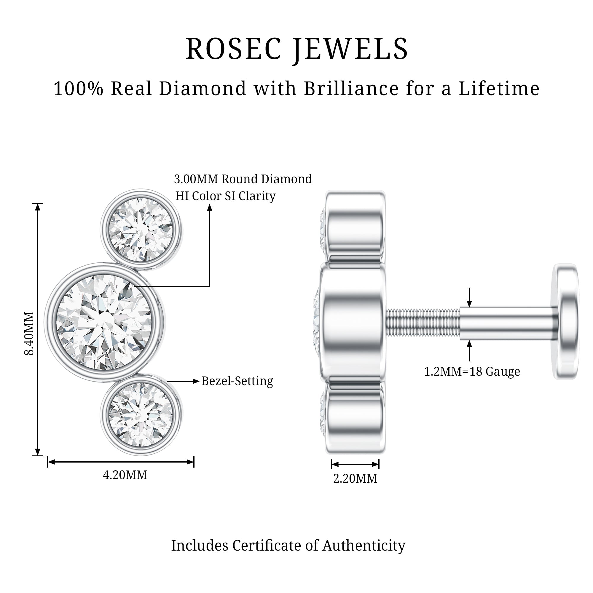 Bezel Set Diamond Three Stone Earring for Helix Piercing