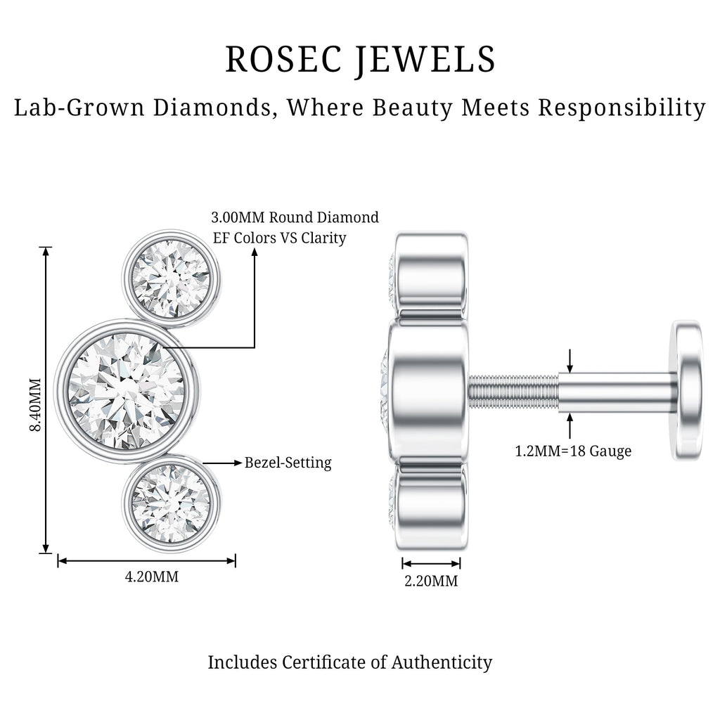 Bezel Set Diamond Three Stone Earring for Helix Piercing