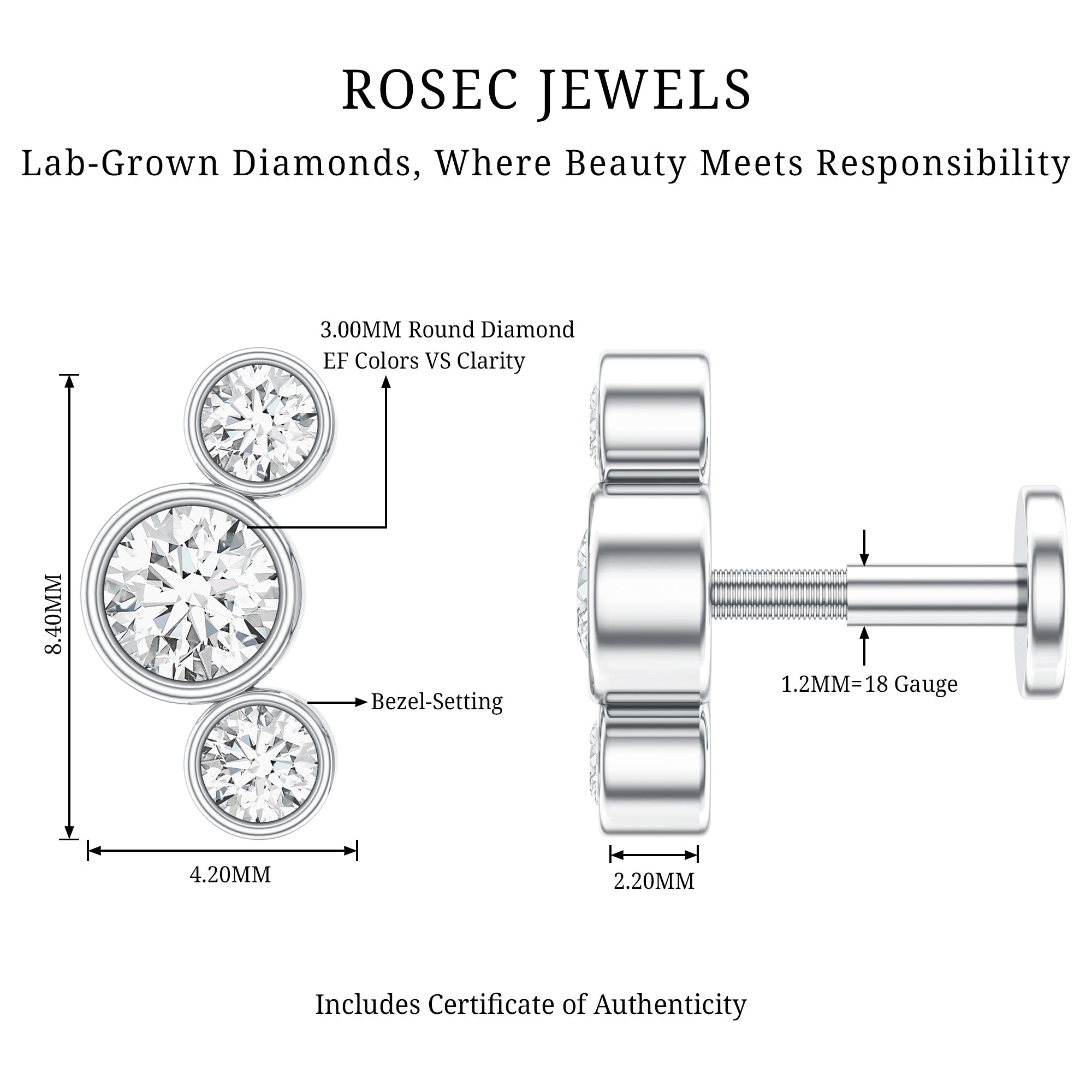 Bezel Set Diamond Three Stone Earring for Helix Piercing