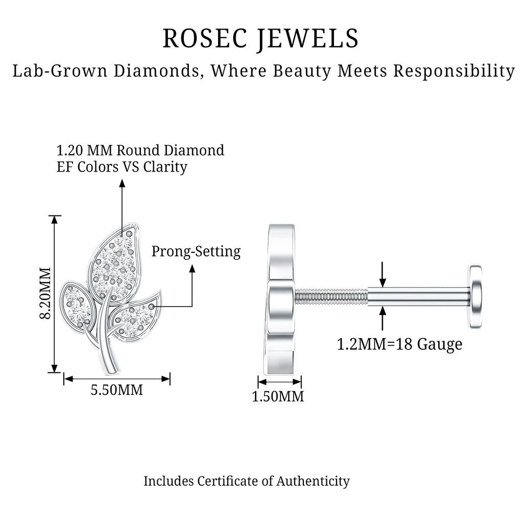 Diamond Leaf Flat Back Cartilage Stud Earring (18G) – Nature Inspired Helix & Tragus Jewelry in Gold