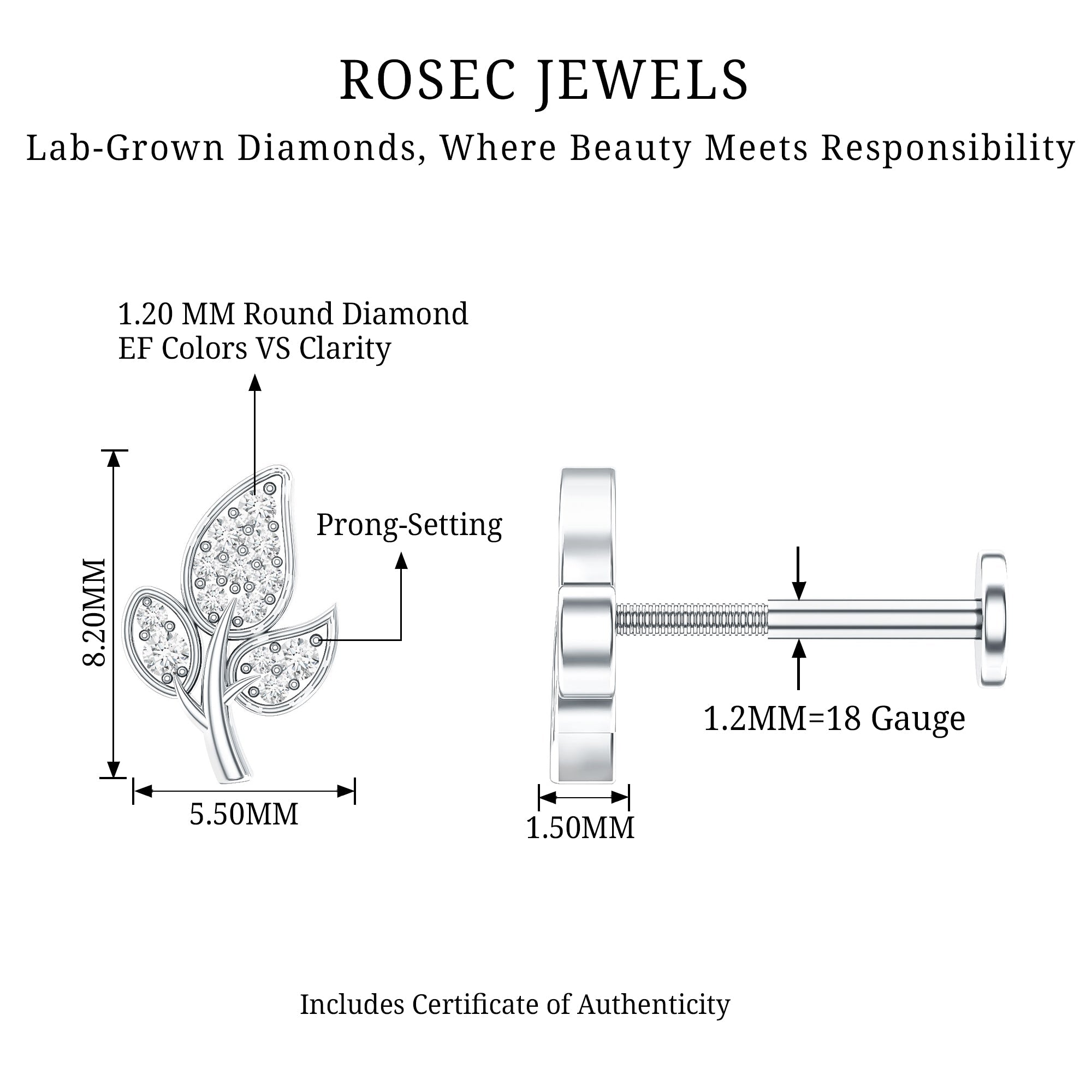 Diamond Leaf Flat Back Cartilage Stud Earring (18G) – Nature Inspired Helix & Tragus Jewelry in Gold