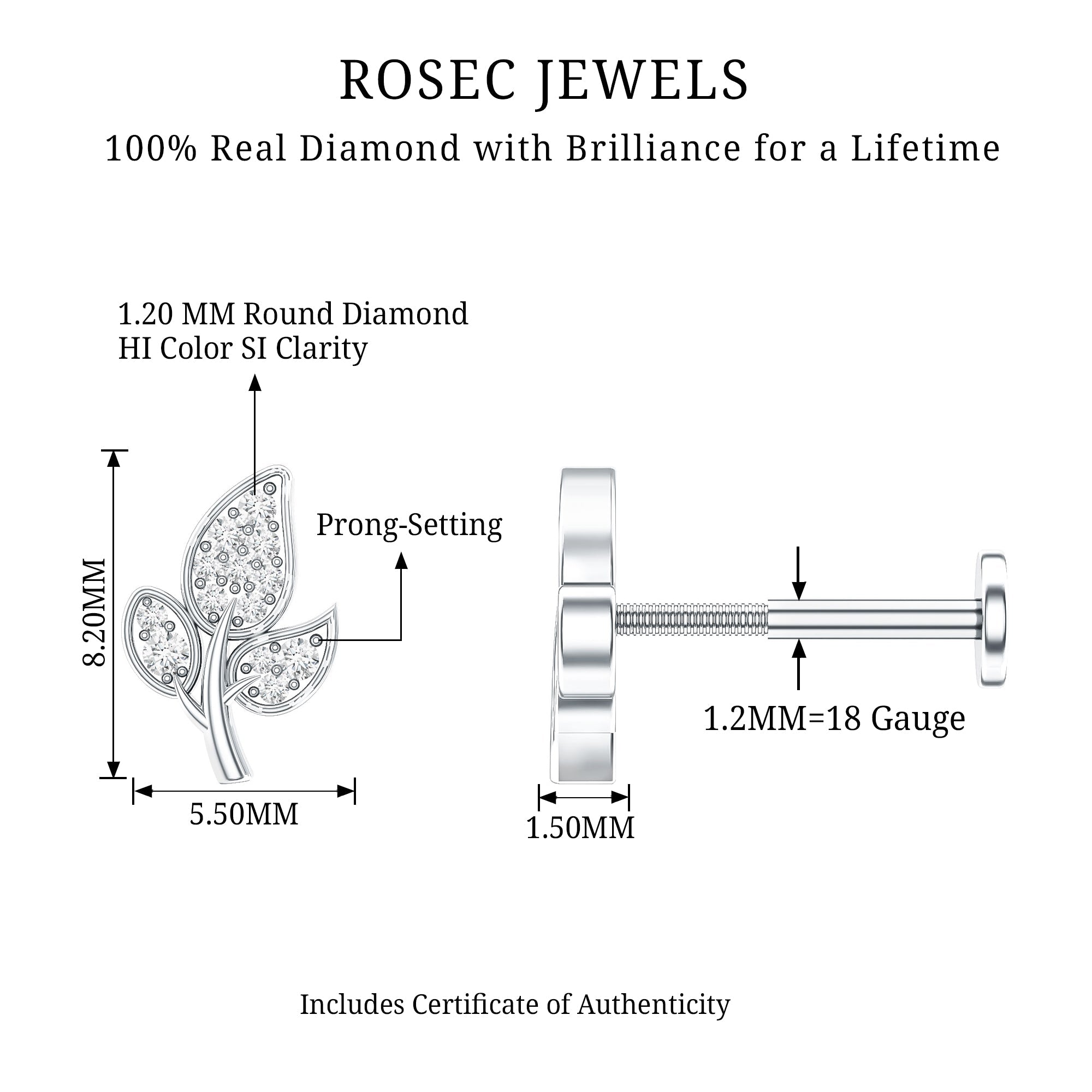Diamond Leaf Flat Back Cartilage Stud Earring (18G) – Nature Inspired Helix & Tragus Jewelry in Gold