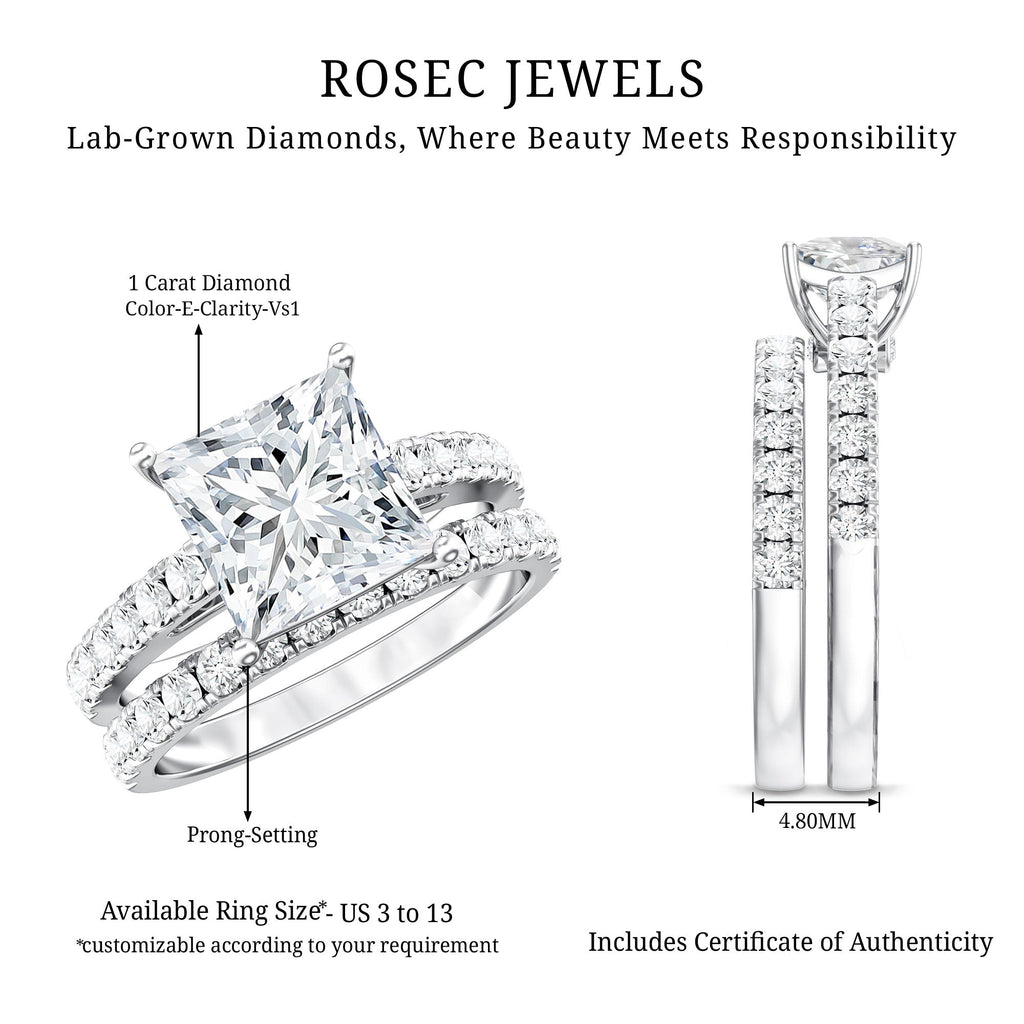 IGI Certified 1 Carat Lab Grown Diamond Princess Cut Engagement Ring with Band
