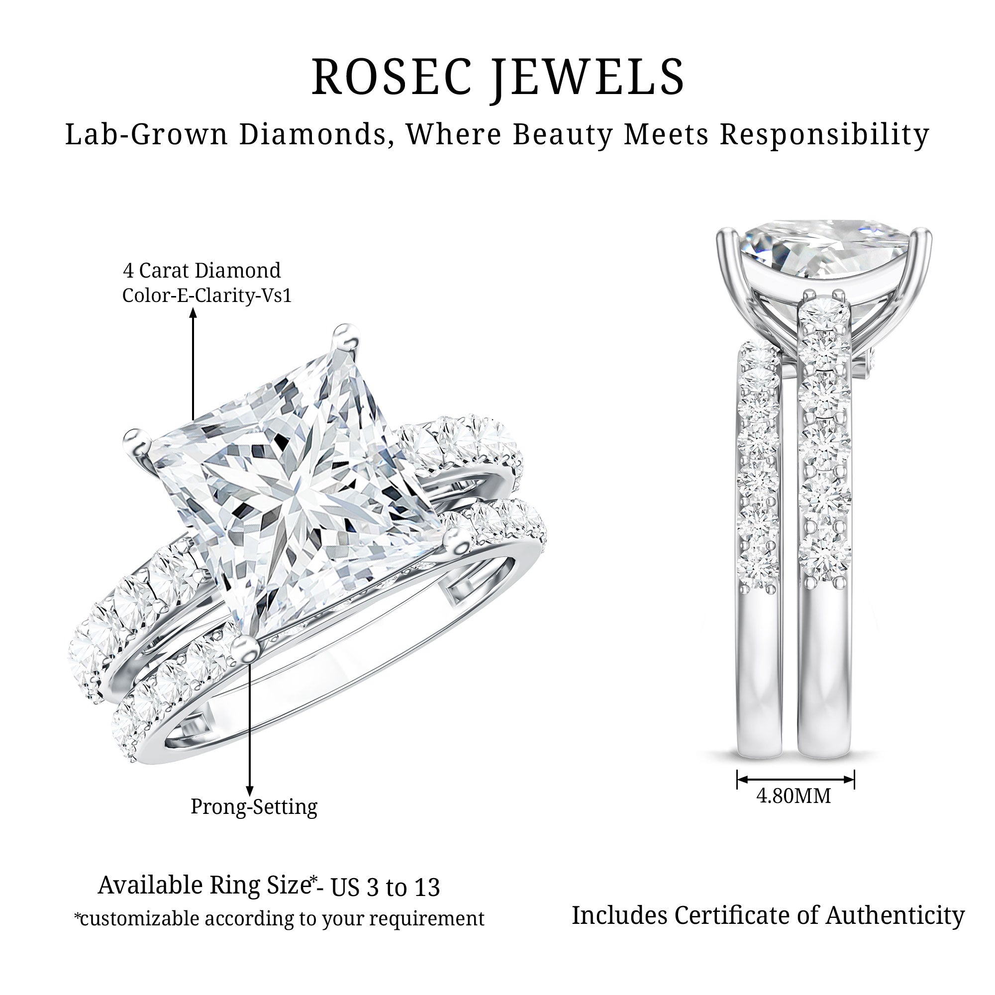 4 Carat IGI Certified Lab Grown Diamond Princess Cut Bridal Ring Set
